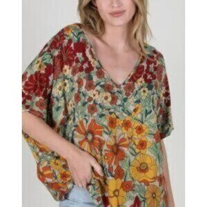Natural Life Red Yellow floral blouse Plus size 1X boho lagenlook Oversized fall